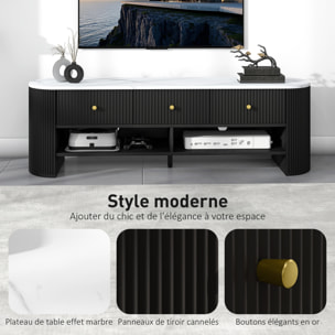Meuble TV design ovale effet marbre blanc 140 x 40 x 43 cm 3 tiroirs 2 niches noir
