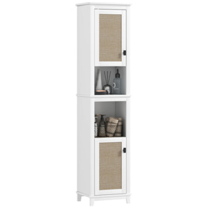 Columna de Baño con 2 Puertas con Frontal de Ratán Armario de Baño Boho con Estantes Ajustables y 2 Compartimentos 40x30x167,5 cm Blanco