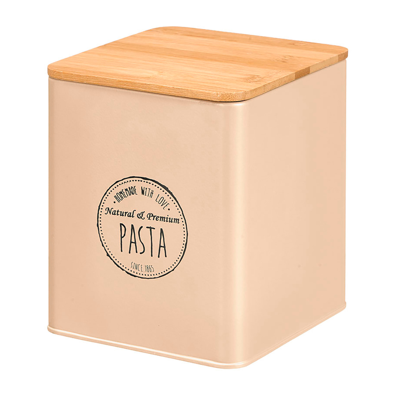 Barattolo quadrato beige con coperchio in bambù. Design "Pasta".