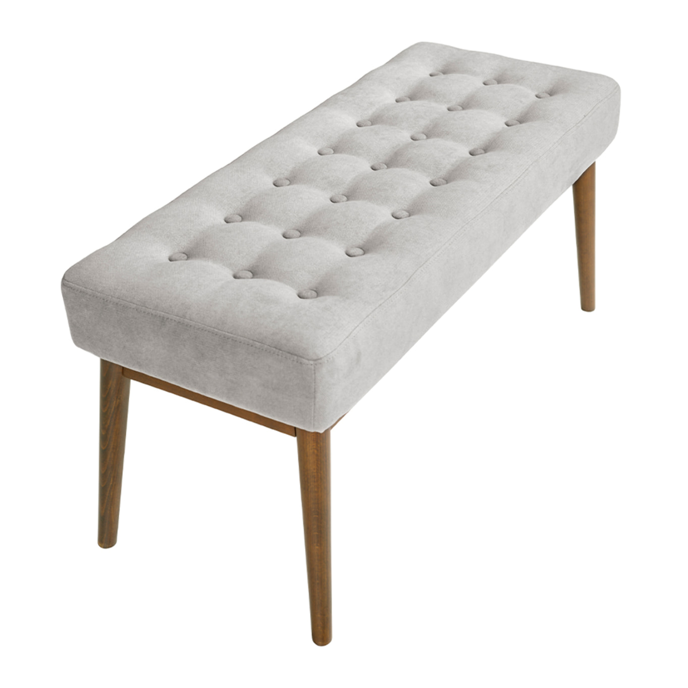 Banqueta tapizada en tela gris oscuro con estructura de patas de madera en nogal 100x40x45cm