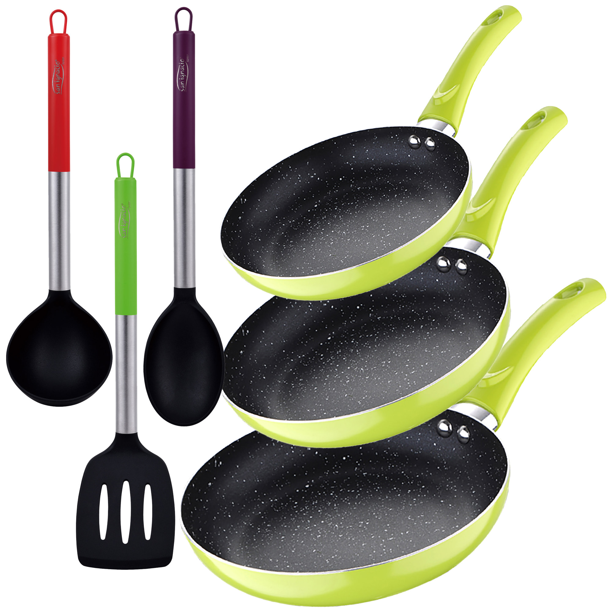 Set 3pc sarten (20+24+28cm) aluminio prensado verde con set 3pc utensilios de cocina nylon