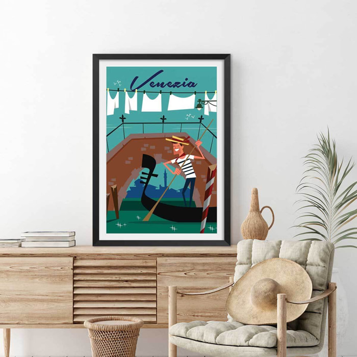 Affiche Gondole à Venise Affiche + cadre en bois - Noir
