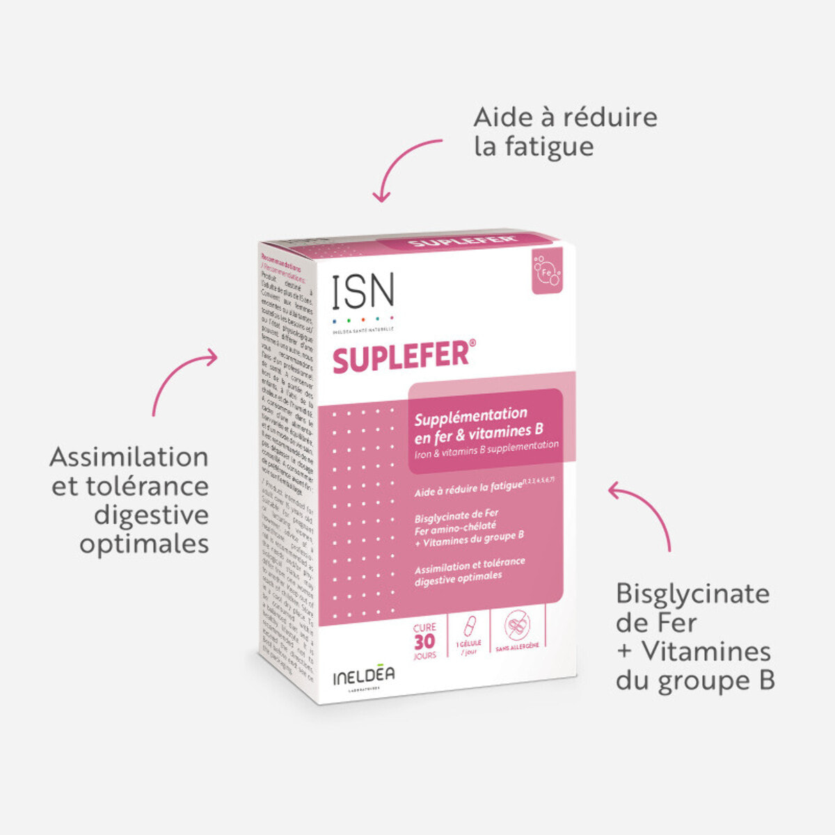 ISN - Suplefer - Aide à réduire la fatigue - Riche en Fer et Vitamines du groupe B - Fer microencapsulé plus biodisponible - Cure 30 jours