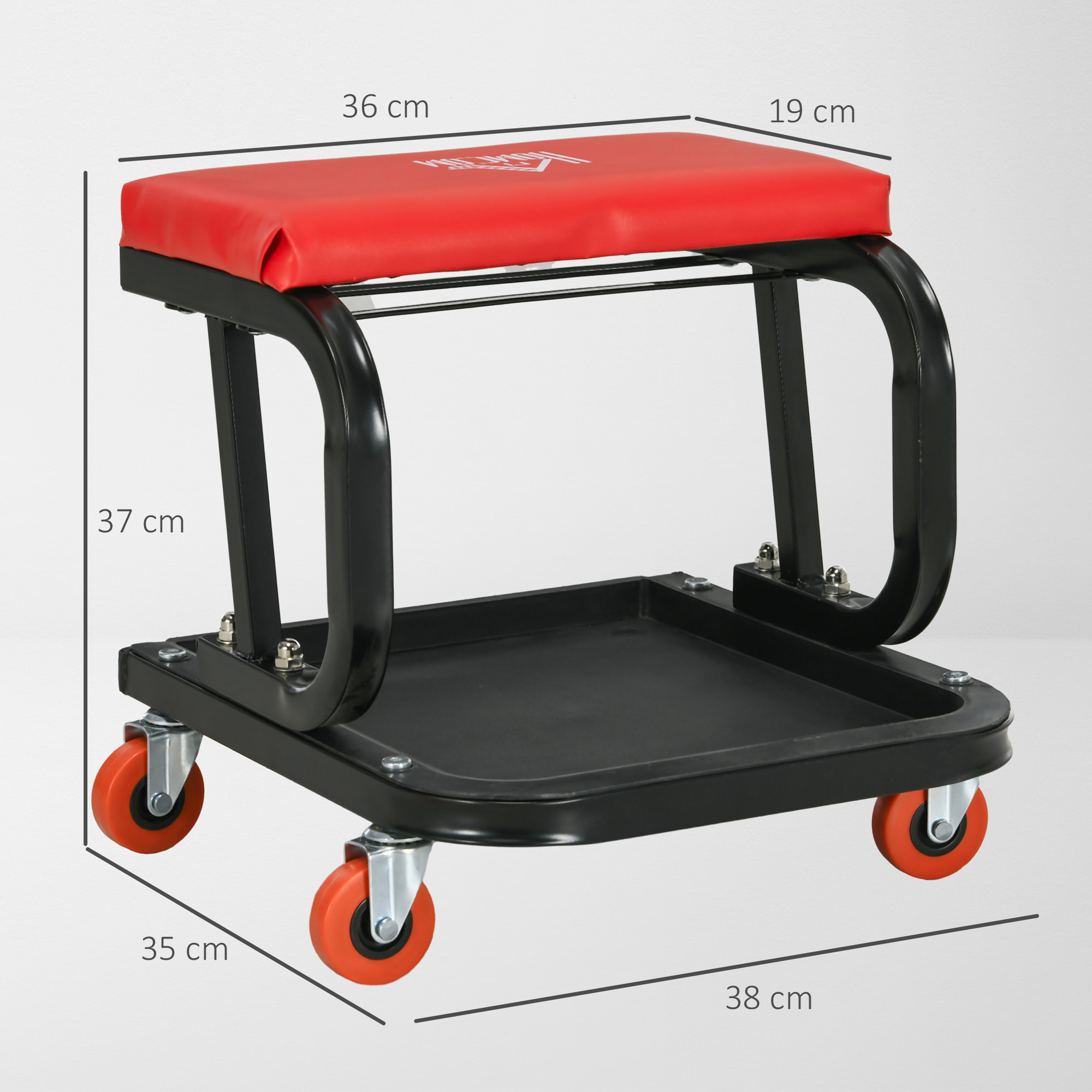 Taburete de Taller Móvil con Ruedas, Asiento Taburete para Mecánico con Bandeja para Herramientas y Estructura de Acero, Carga 100 kg, para Garaje, Reparación de Coches, Rojo