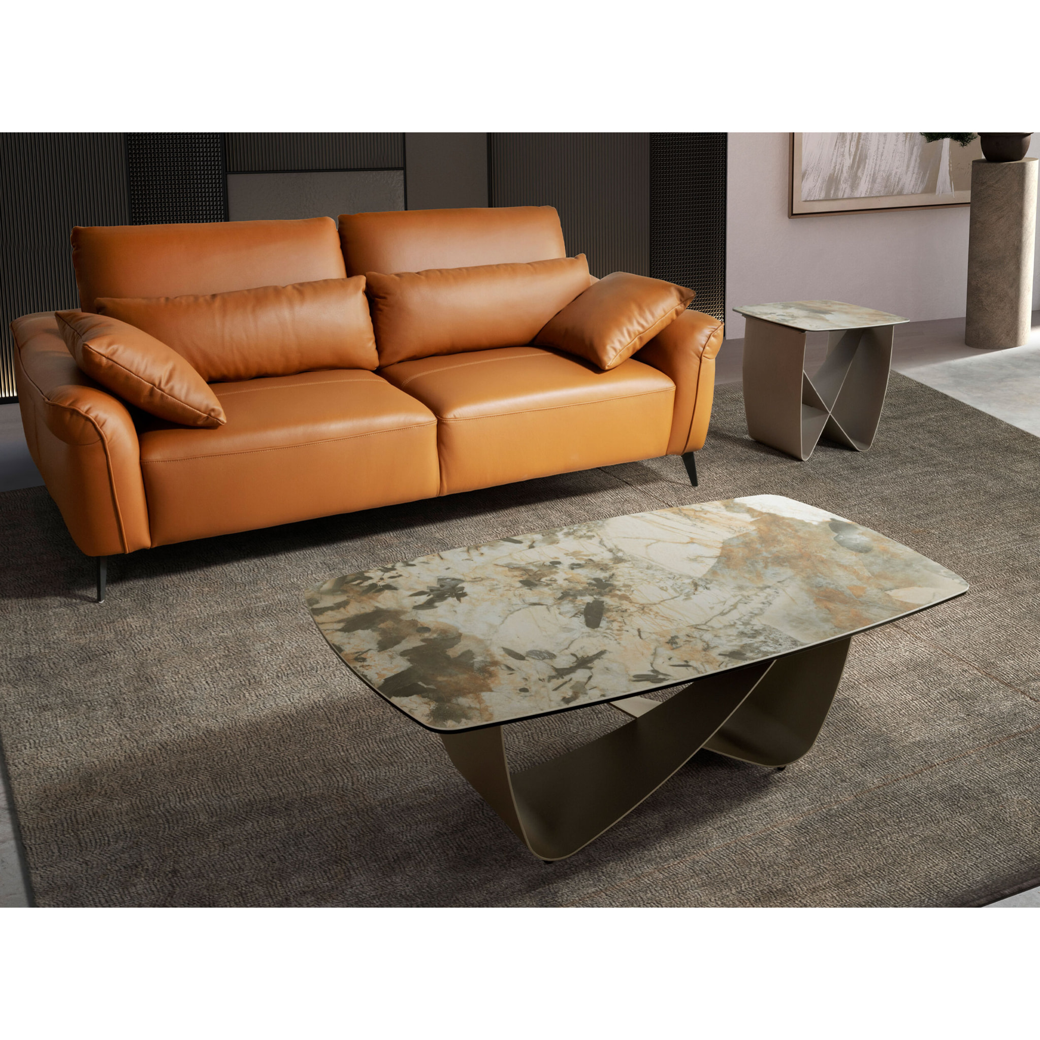 Mesa centro ovalada barril con tapa de mármol porcelánico en tonalidades tierra y grises en acabado mate y unas patas de acero inoxidable en taupé acabado metalizado 120x70x43cm