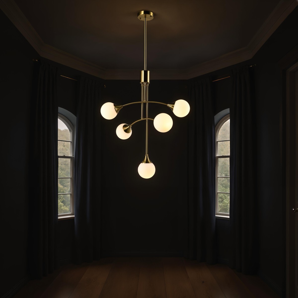 Lustre Tomasucci VENICE, verre blanc opale et acier finition laiton vieilli mat, 5 lumières, Ø 60 cm