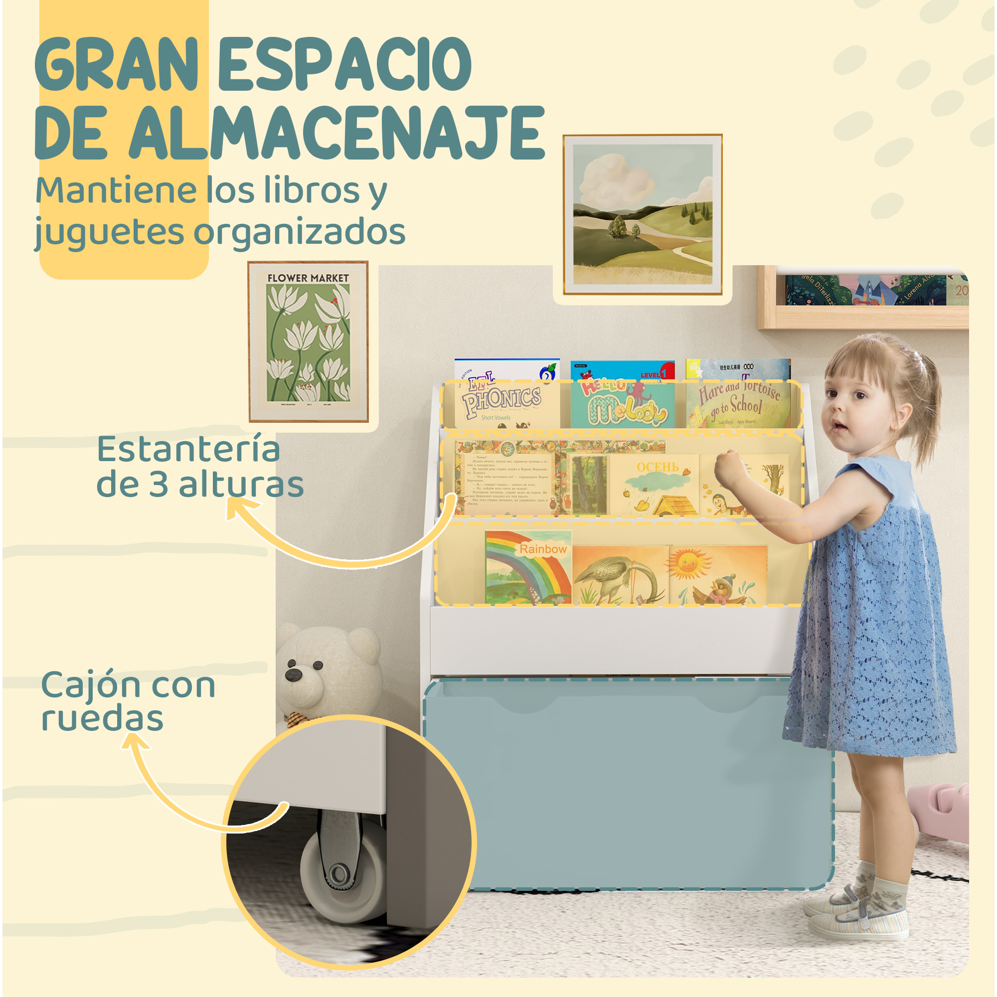 Estantería de Juguetes con 3 Compartimentos, Librería Infantil, Caja de Juguetes Móvil, Cajón con Ruedas, Multifuncioanl, para Dormitorio, Guardería, Sala de Juegos, Blanco