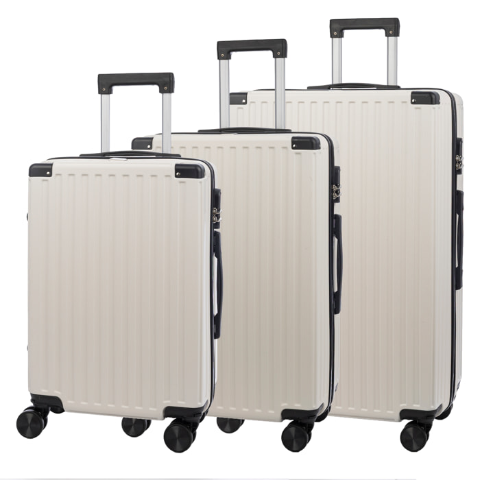Set di 3 valigie Trolley, in materiale leggero ABS ad alta resistenza con angoli rinforzati. Chiusura numerica e 4 ruote doppie rimovibili e girevoli a 360°.