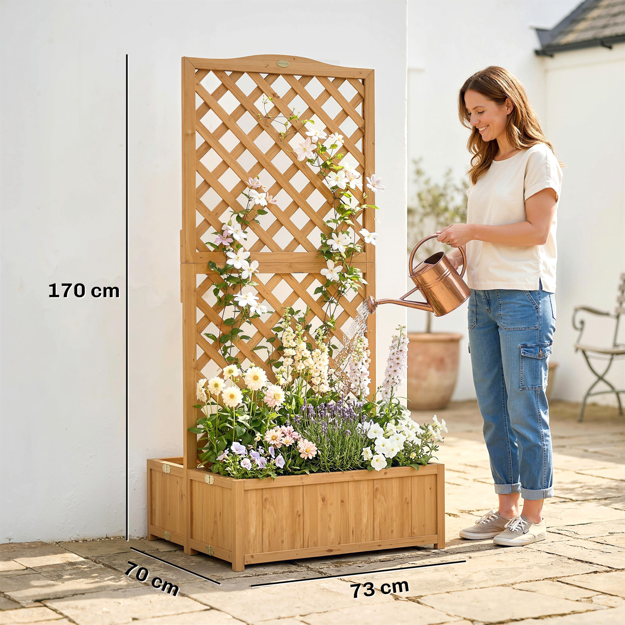 Outsunny Jardinera con Enrejado de Madera, Jardinera Exterior Grande para Plantas Trepadoras, con 2 Cajas Plegables, Base de Listones, Macetero Elevado para Patio, Terraza, 73x70x170 cm, Natural