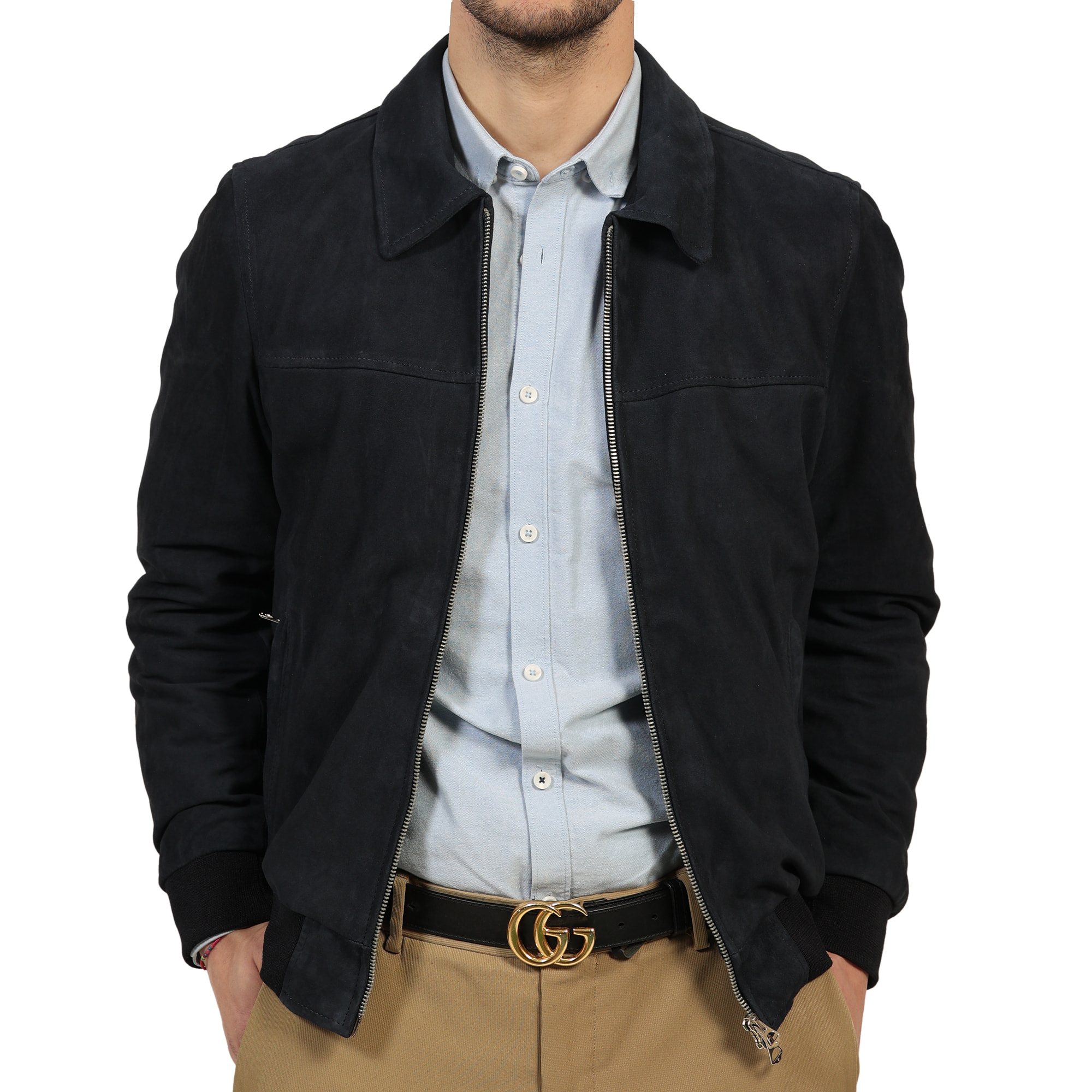 Giubbino in vera pelle di vitello scamosciata Blu-Slim Fit