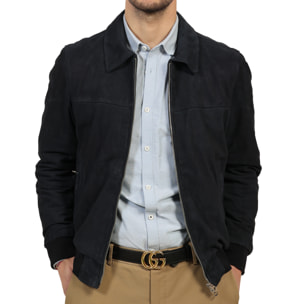 Giubbino in vera pelle di vitello scamosciata Blu-Slim Fit