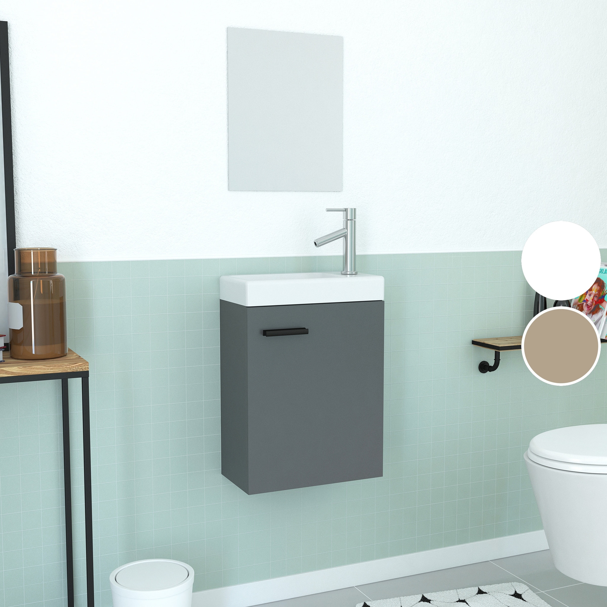 Ensemble Meuble Lave Mains Gris 41x50x22cm + Miroir - SMALLY GREY