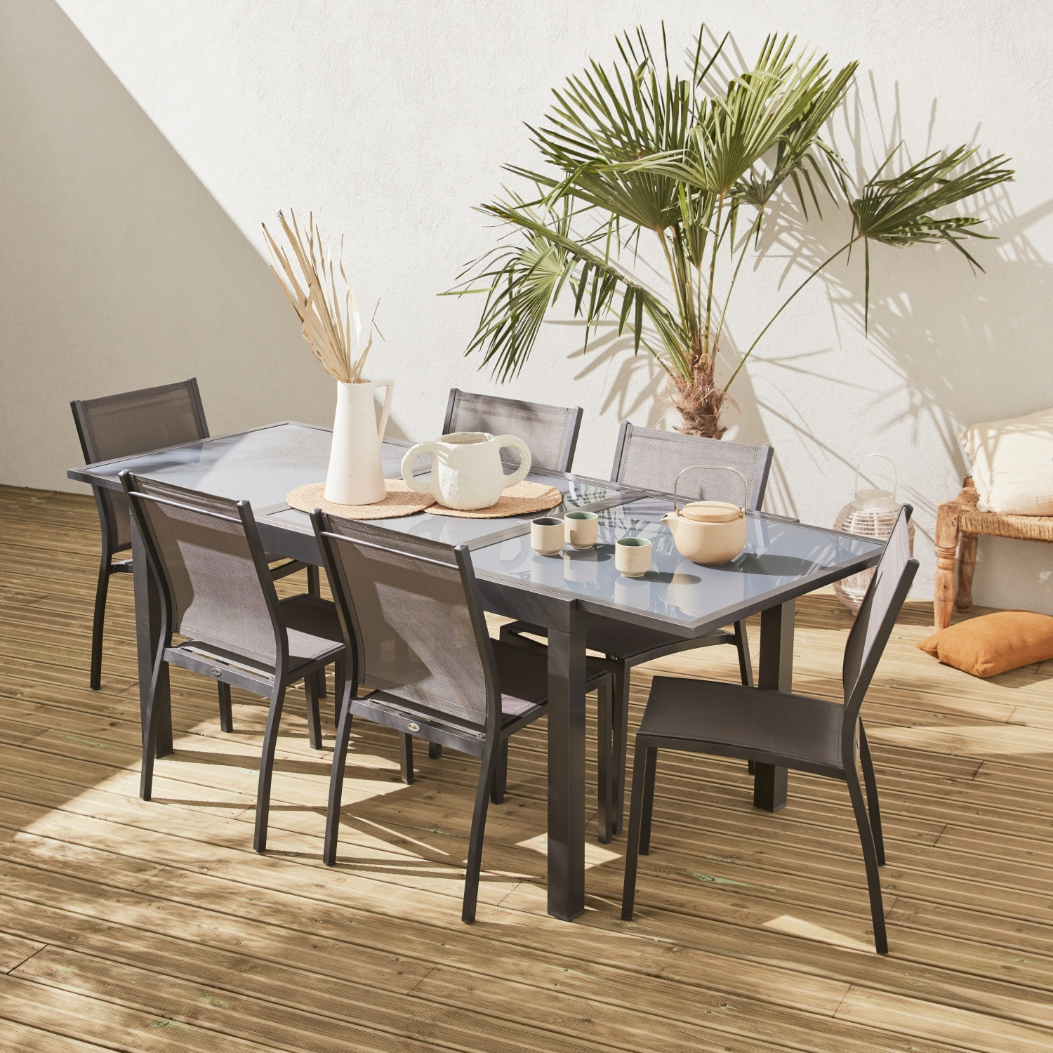 Table de jardin extensible aluminium + 6 assises - Orlando Gris taupe - Table en aluminium 150/210cm. plateau de verre. rallonge et 6 chaises en textilène
