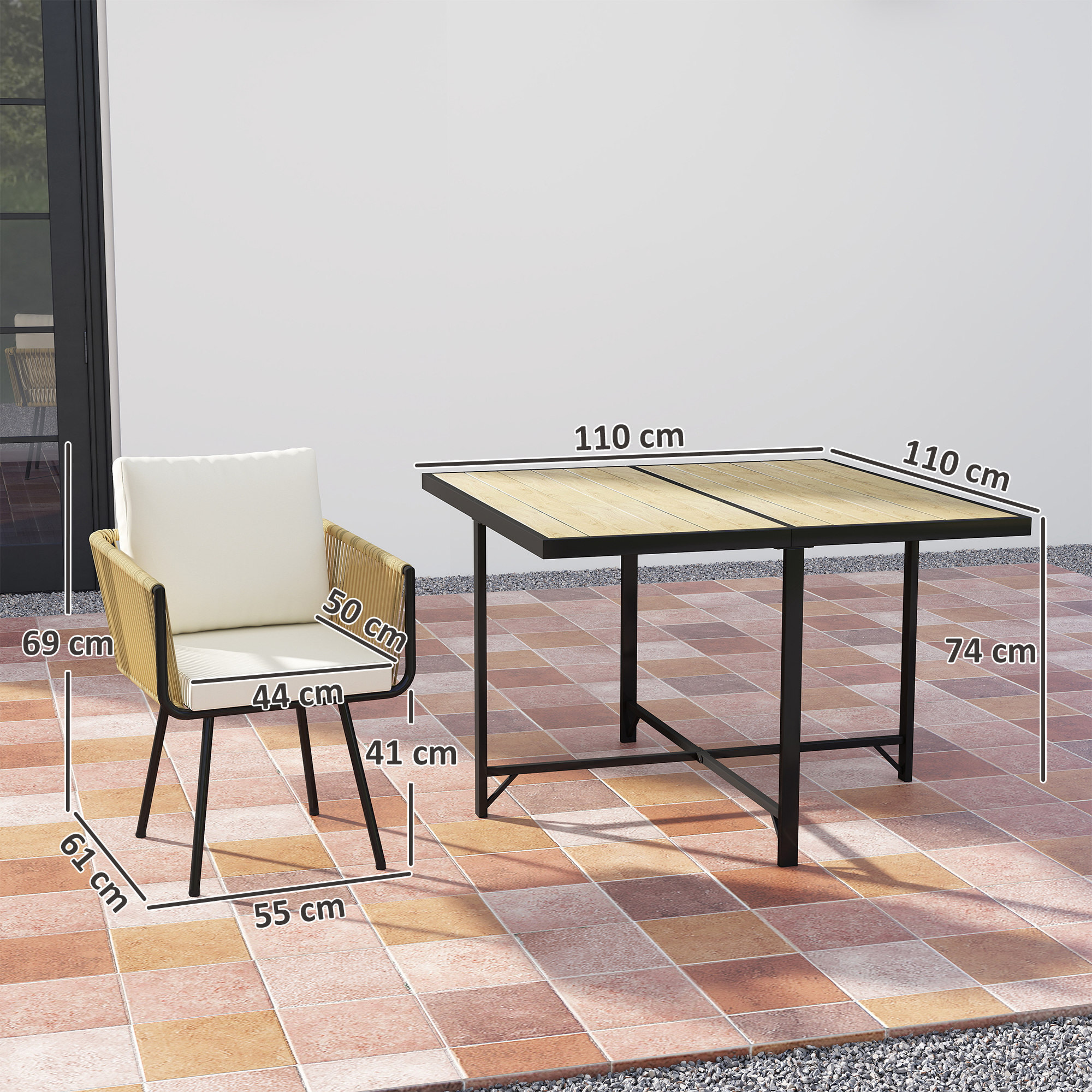 Conjunto de Mesa y Sillas Jardín de Ratán de 5 Piezas, Muebles Jardín Exterior con Mesa de Plástico-Madera y 4 Sillas con Cojines Extraíbles, Marco de Metal Resistente para Terraza, Beige