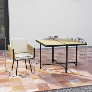 Conjunto de Mesa y Sillas Jardín de Ratán de 5 Piezas, Muebles Jardín Exterior con Mesa de Plástico-Madera y 4 Sillas con Cojines Extraíbles, Marco de Metal Resistente para Terraza, Beige