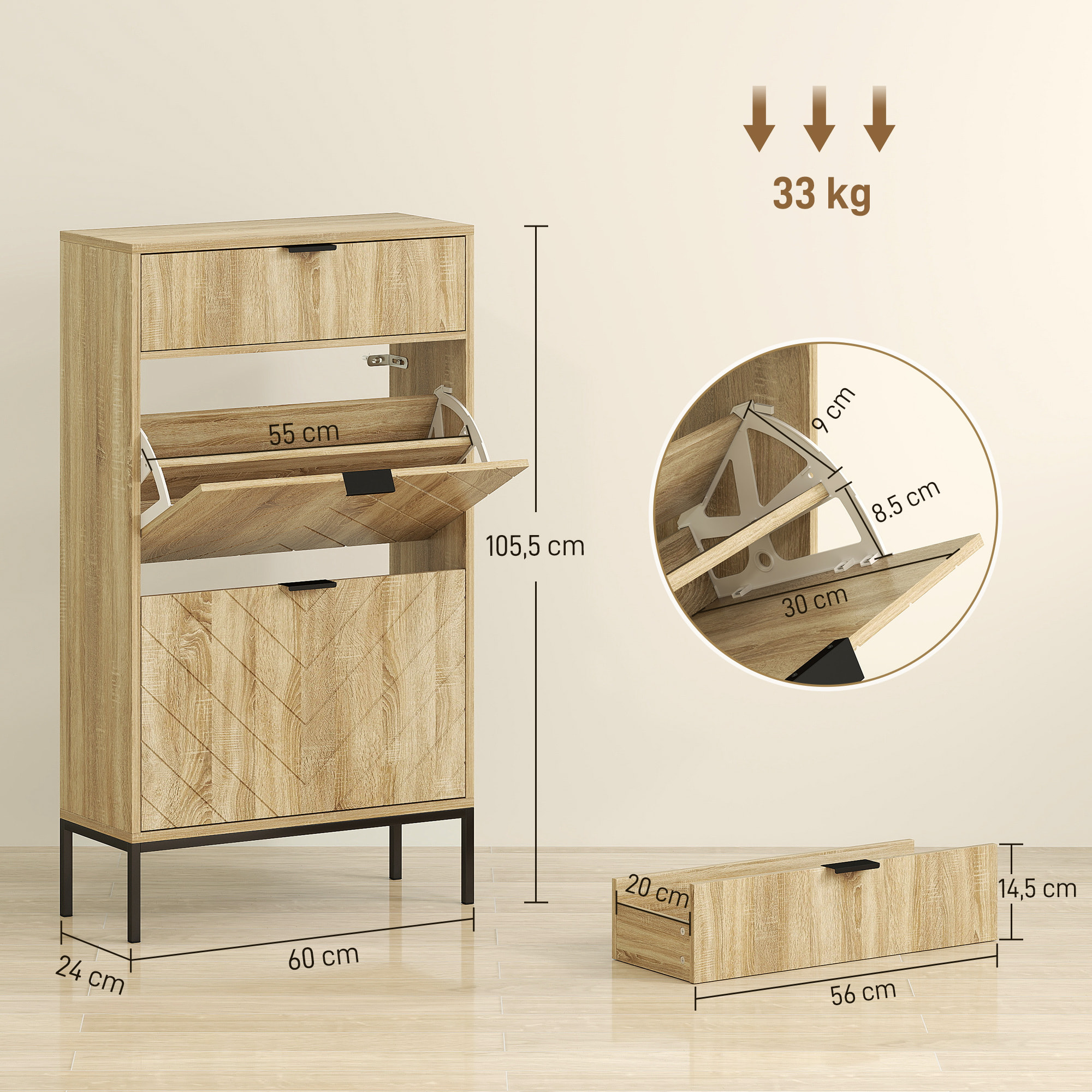 Meuble à chaussures design sur pied - 2 portes, tiroir coulissant - acier noir effet bois