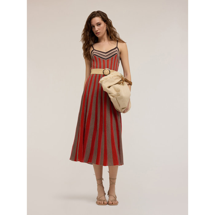 Motivi - Vestido flare en punto de lúrex a rayas - Rojo