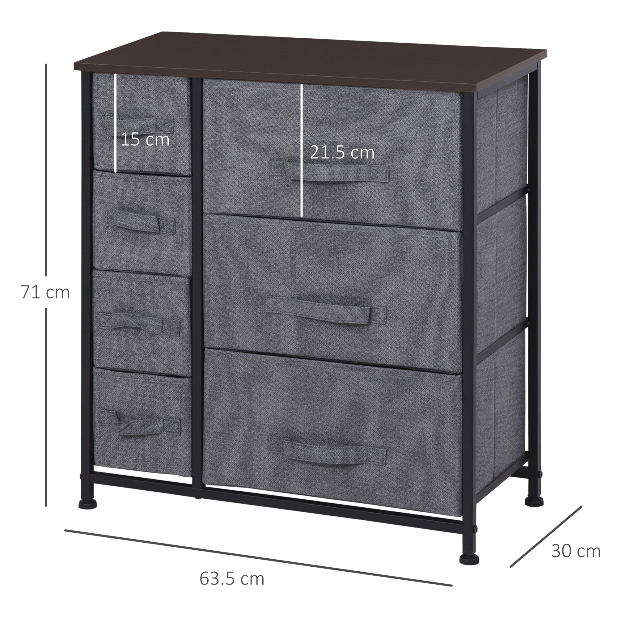 Meuble de rangement commode design 64L x 30l x 71H cm 7 tiroirs métal MDF non tissé noir