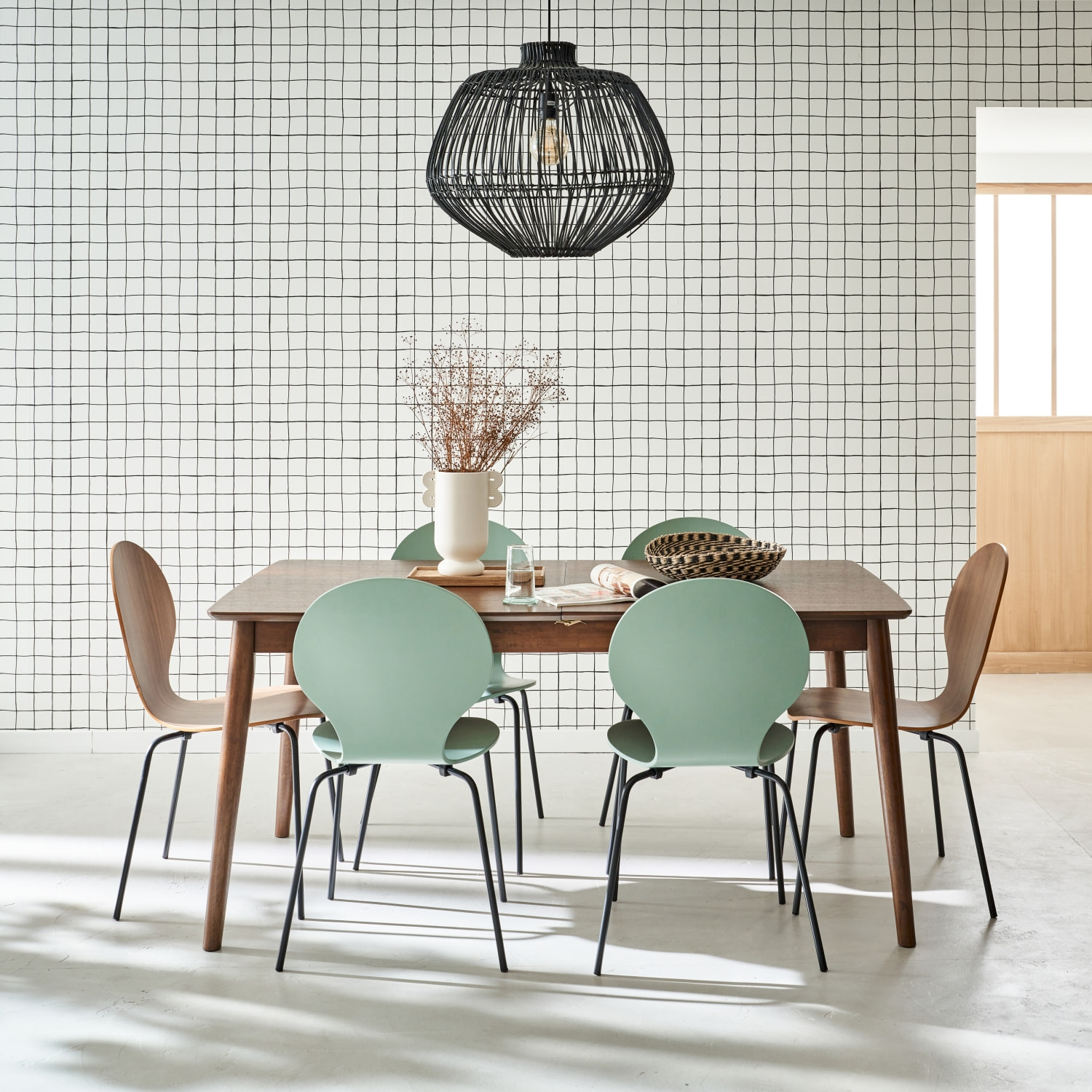 Table à manger rectangulaire extensible bois d'hévéa et placage chêne 6-8 places LINA