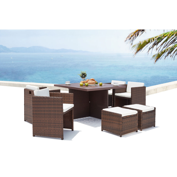 Table et chaise 8 places encastrables alu résine marron-blanc ABASA
