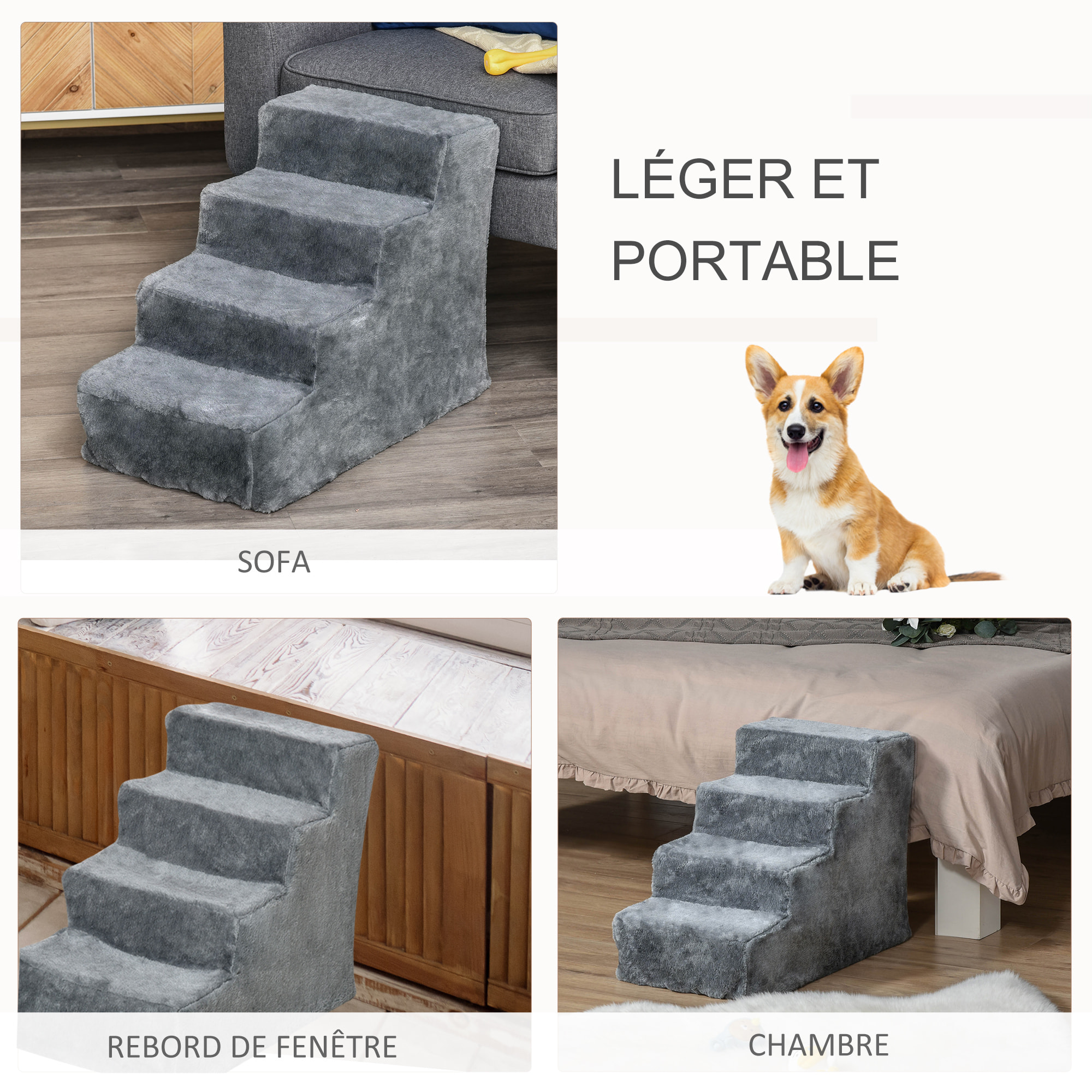 Escalier pour chat - escalier pour chien - 4 marches - revêtement flanelle grande douceur haute densité - structure panneaux particules - gris