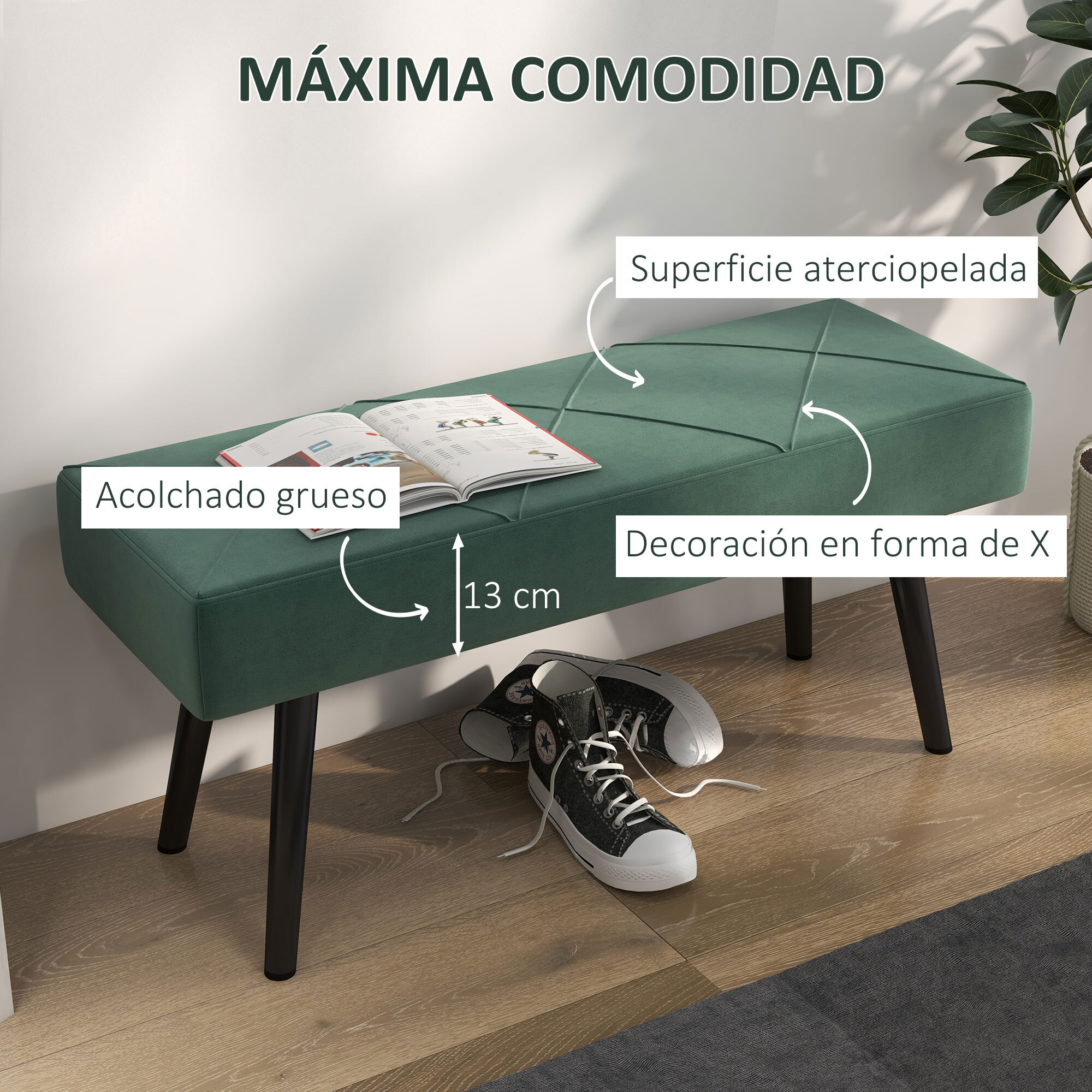 Taburete Pie de Cama Multifuncional Banco Pie de Cama Moderno Banco Dormitorio con Pies de Acero y Asiento Acolchado Carga 120 kg para Entrada Pasillo 100x36x45 cm Verde