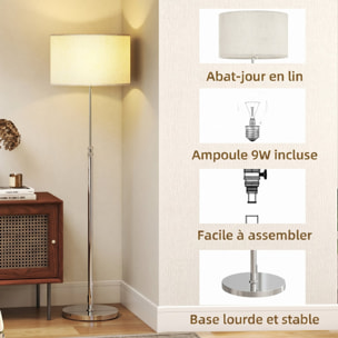 Lampadaire style néo-rétro abat jour lin beige H.133-168 cm réglable avec télécommande métal argenté