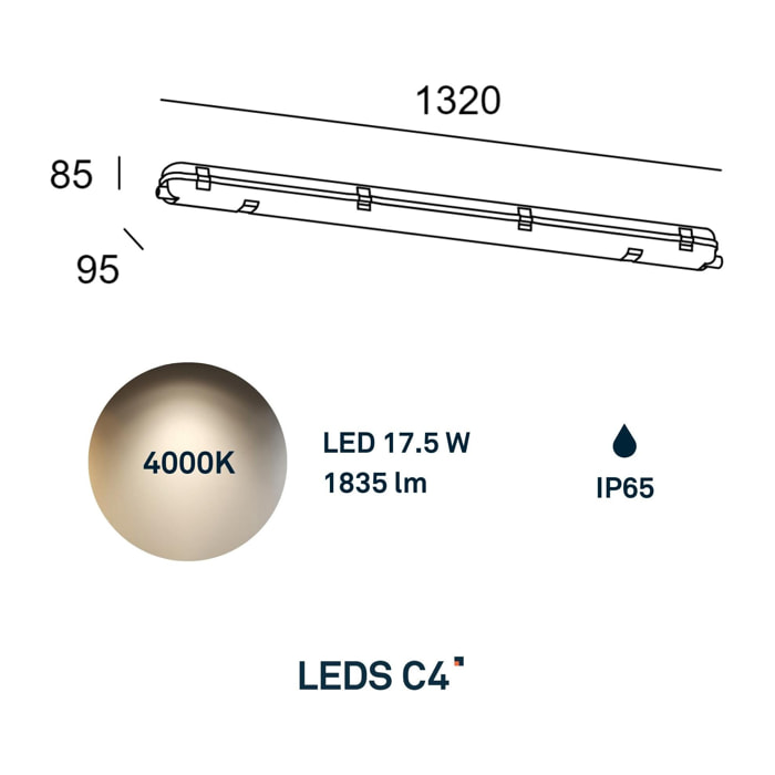 LEDS·C4 Plafon Ip65 Solid 1260Mm Led 17,5W 4000K Gris 1835Lm