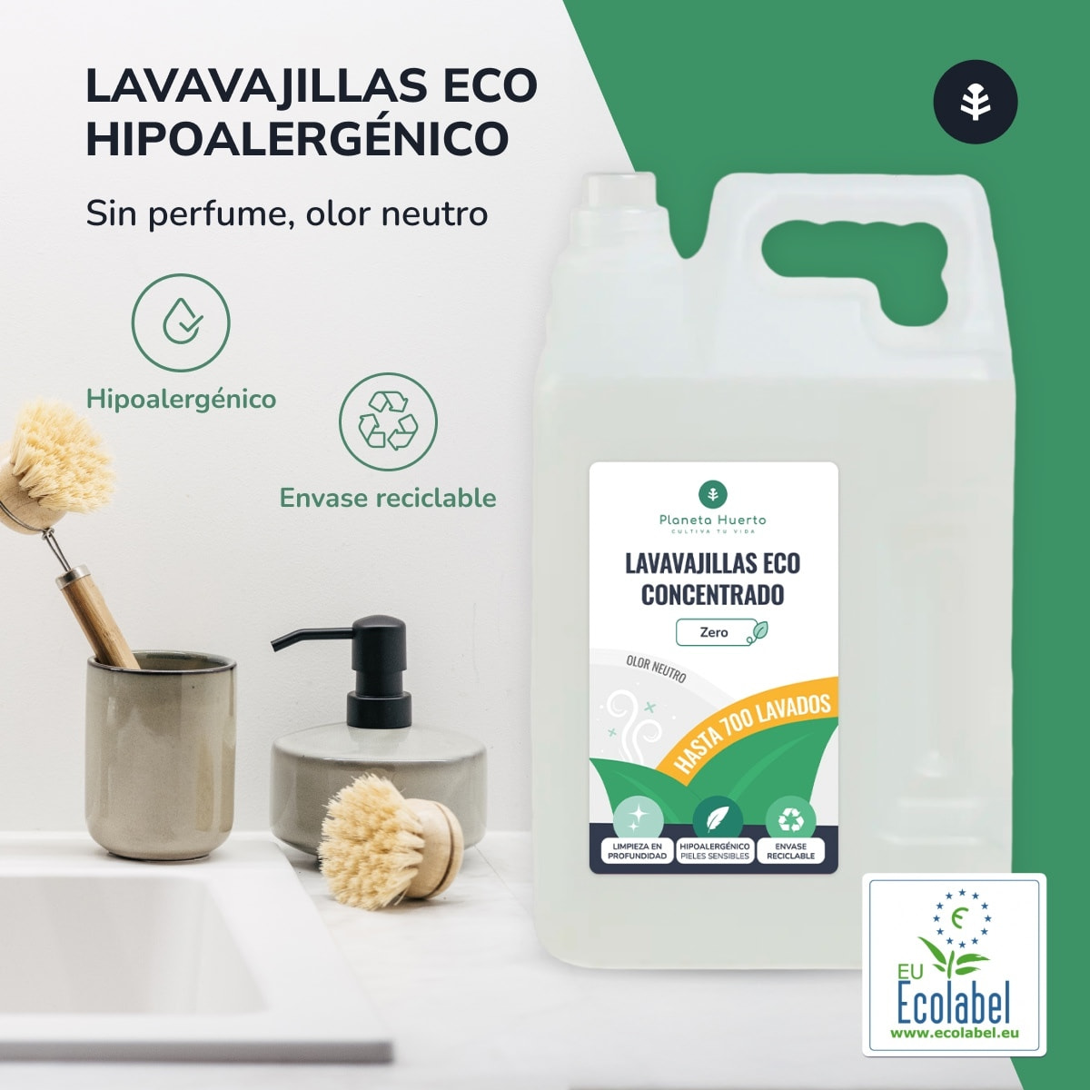 PLANETA HUERTO | Lavavajillas Manual Hipoalergénico Sin Perfume Eco 5L - Limpieza Ecológica y Suave para Todo Tipo de Utensilios