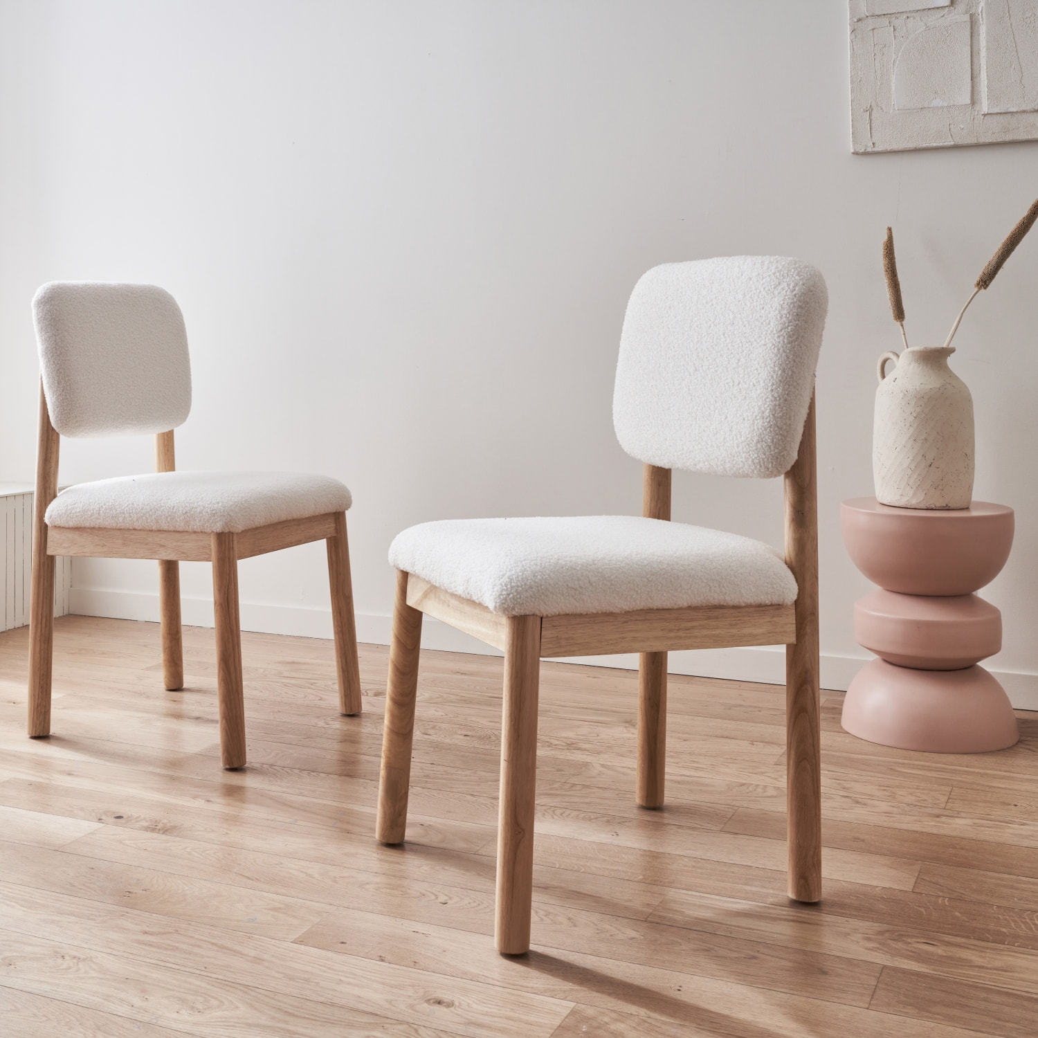 Chaises bois d'hévéa et revêtement bouclette (lot de 2) SWANN