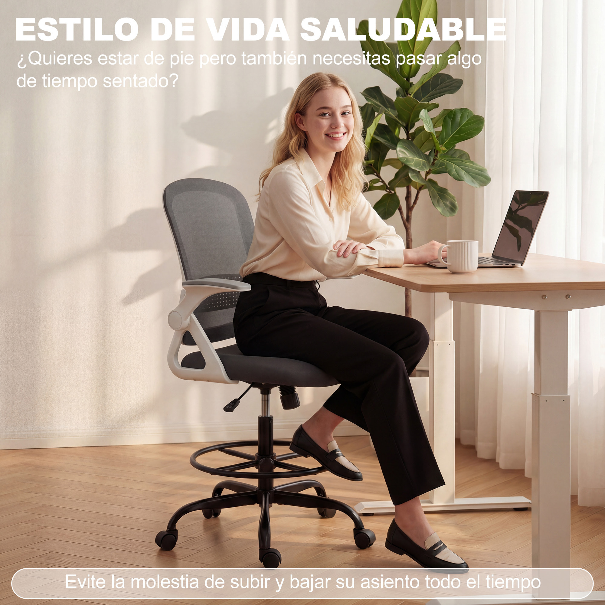Silla de Escritorio de Malla, Silla de Dibujo con Reposabrazos Abatibles, Altura Ajustable, Soporte Lumbar, Reposapiés, Ruedas Giratorias para Oficina, Estudio, Gris