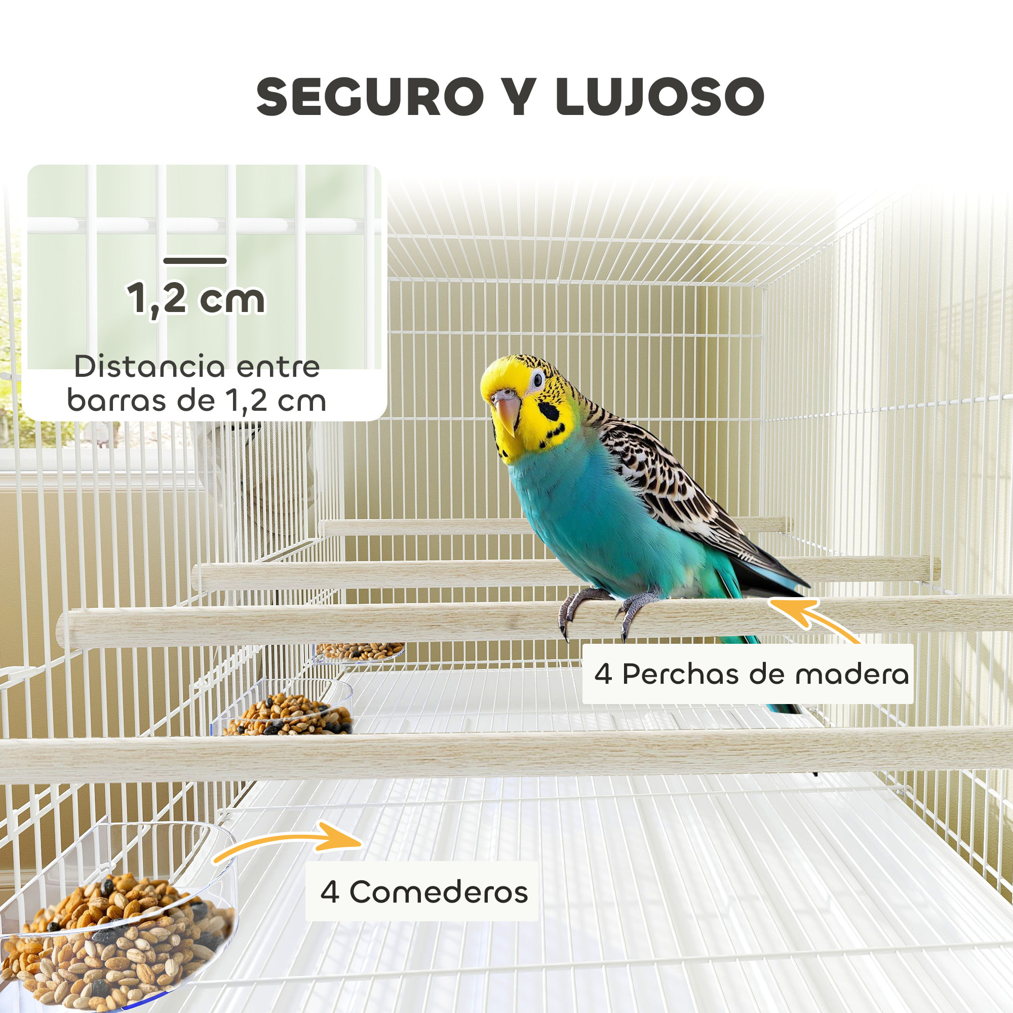 Jaula para Pájaros con Divisor Pajarera con Ruedas 4 Comederos 4 Perchas y Bandeja Extraíble Jaula para Loros Canarios Periquitos 76x46x116 cm Blanco