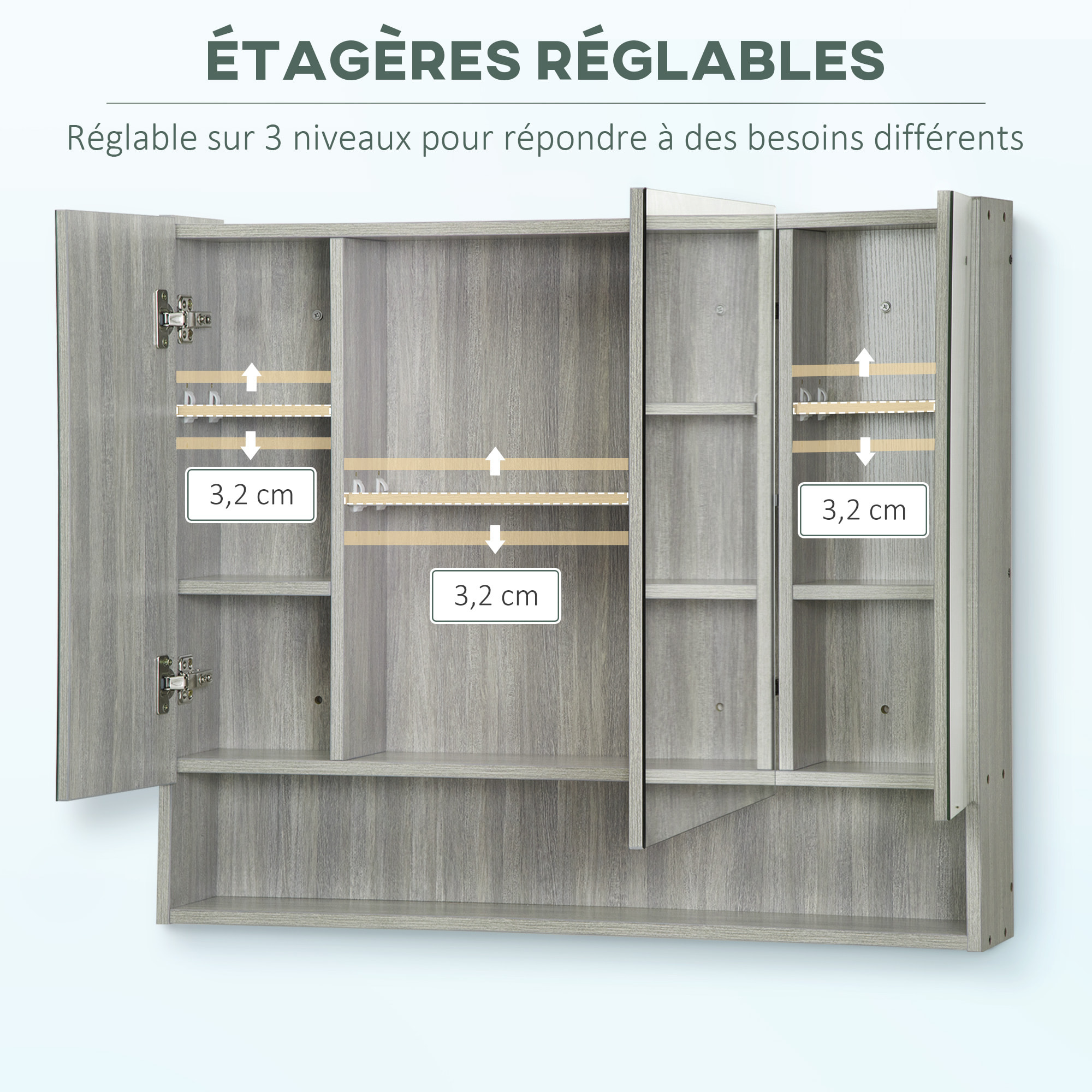 Armoire miroir salle de bain 3 portes 5 étagères, niche - 90 x 15 x 75 cm - effet bois gris
