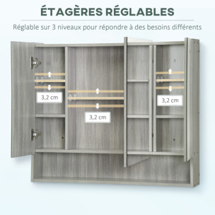 Armoire miroir salle de bain 3 portes 5 étagères, niche - 90 x 15 x 75 cm - effet bois gris