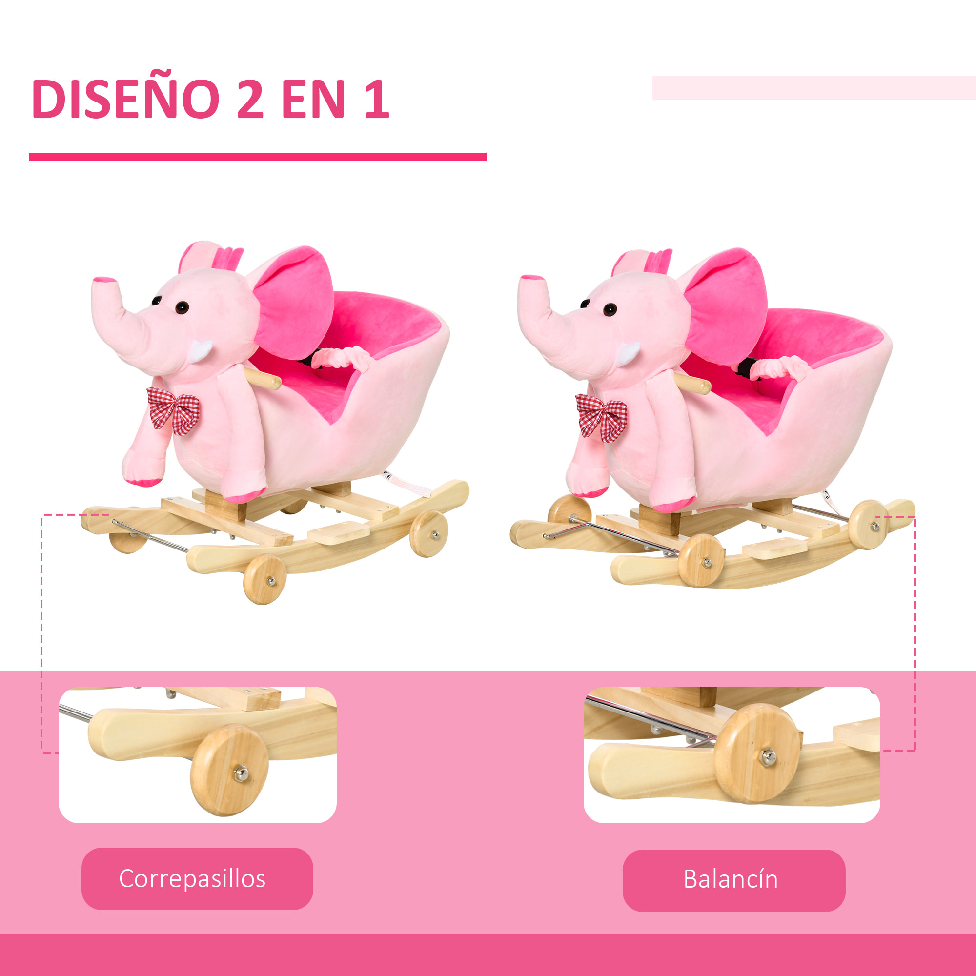 Caballito Balancín con Ruedas Forma de Elefante Caballo Balancín para Bebés de +18 Meses con Músicas Infantiles y Cinturón de Seguridad Carga 60 kg 60x35x45 cm Rosa