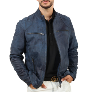 Giubbino in pelle di vitello rifinizione dakota blu jeans-Slim Fit