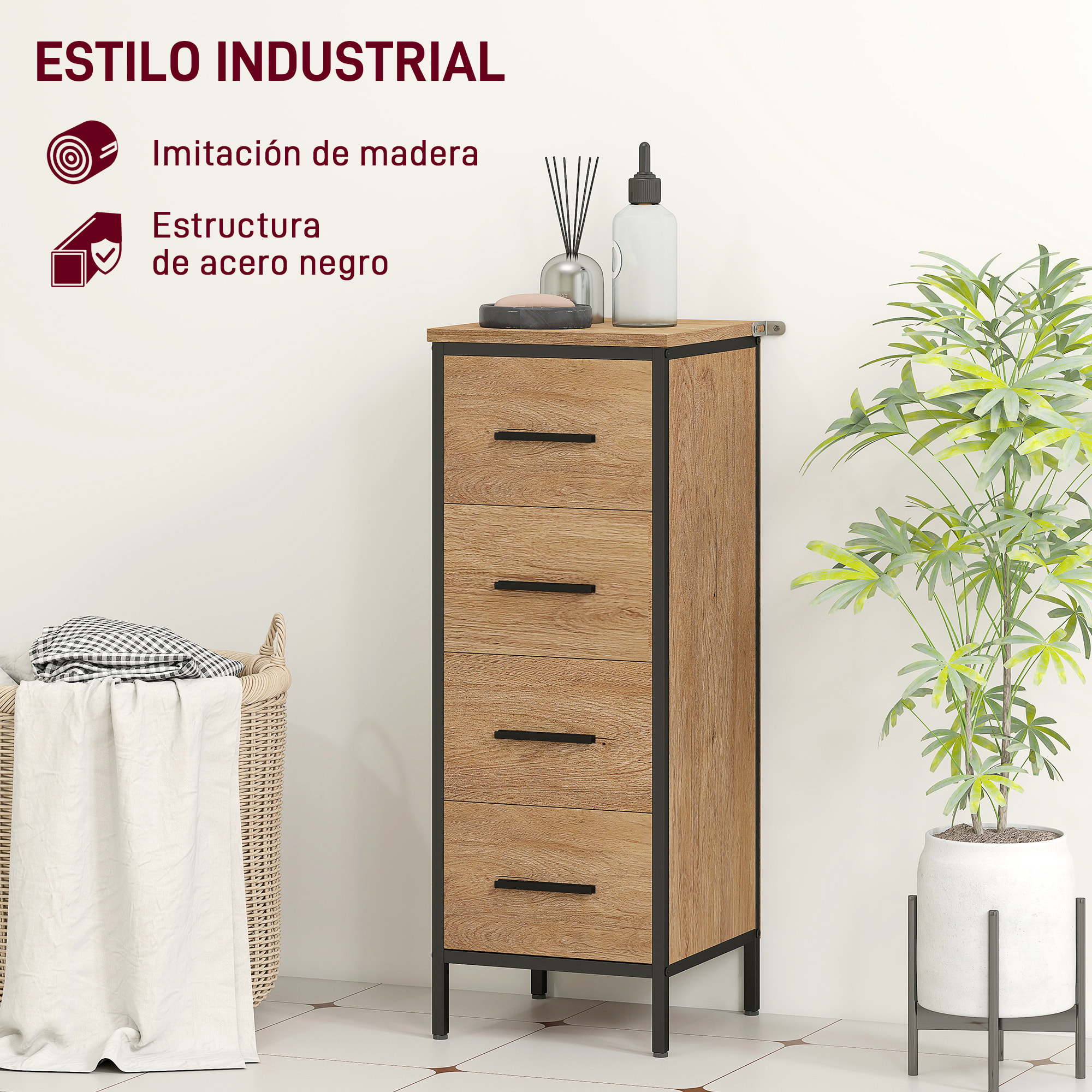 Armario de Baño Mueble de Baño Estrecho Cajonera con 4 Cajones y Estructura de Acero 30x30x82 cm Roble