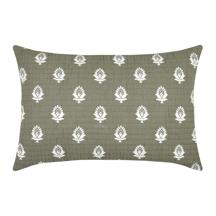 Coussin rectangulaire en coton à motif floral - Kaki