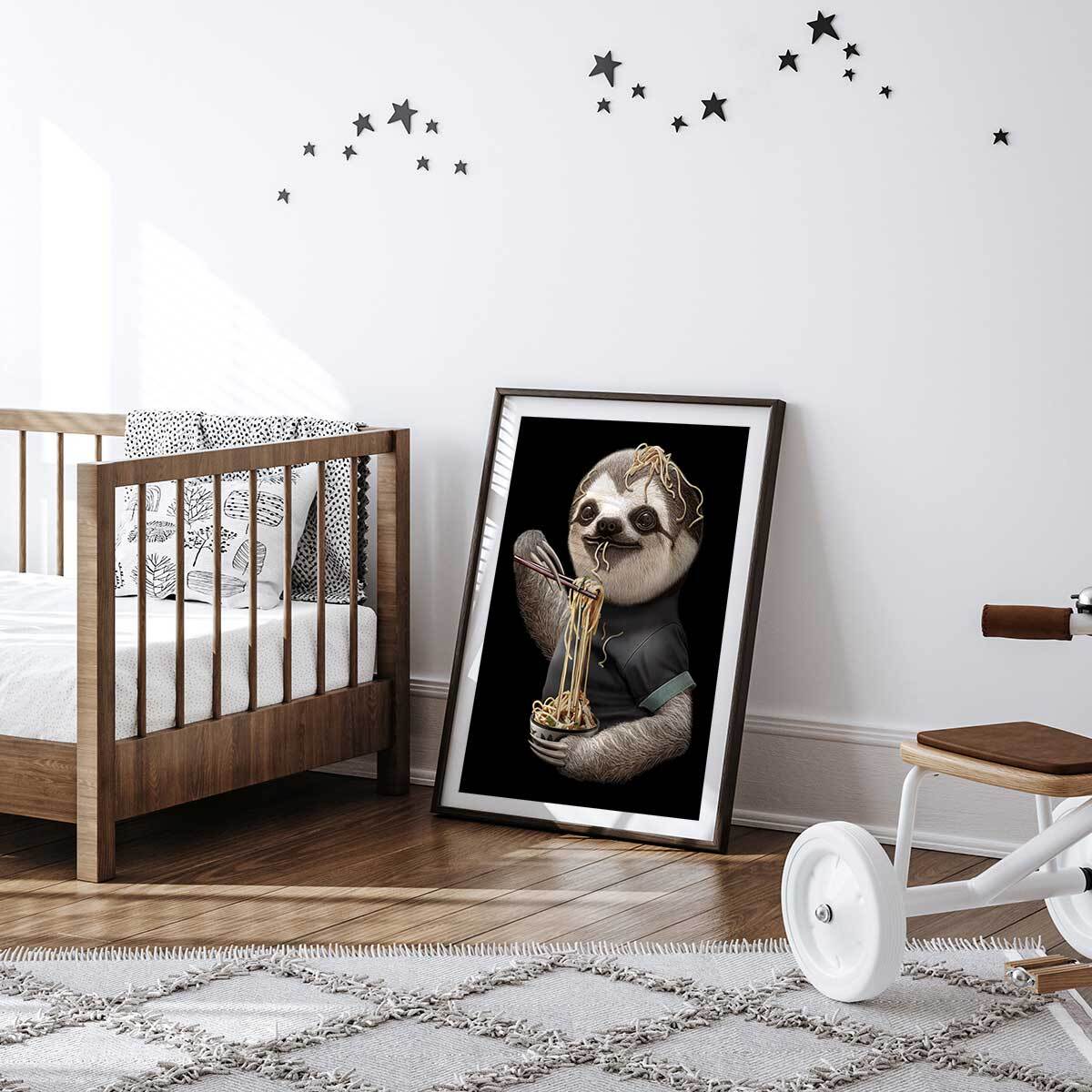 Affiche enfant repas de paresseux  Affiche sous cadre noir