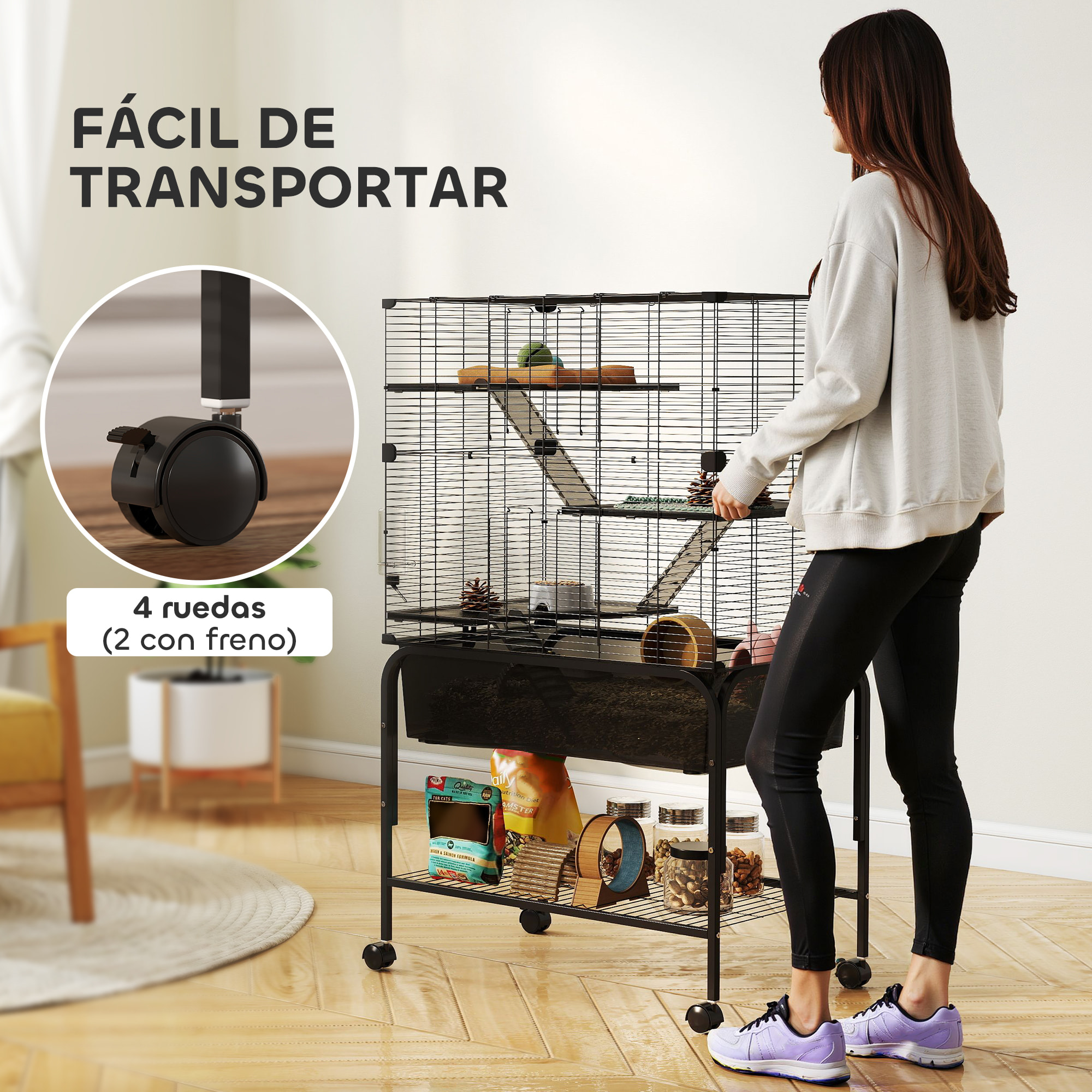 Jaula para Animales Pequeños de 4 Niveles con Ruedas Jaula para Roedores con Bandeja Profunda Rampas Plataformas Comedero y Bebedero Recinto para Chinchillas Hurones Hámster 73x47x123 cm Negro