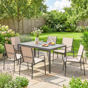 Conjunto de Mesa y Sillas Jardín de 7 Piezas, Muebles de Jardín Exterior con Mesa de Efecto Madera y 6 Sillas con Asiento Transpirable, Marco de Acero Galvanizado, para Terraza, Patio, Caqui