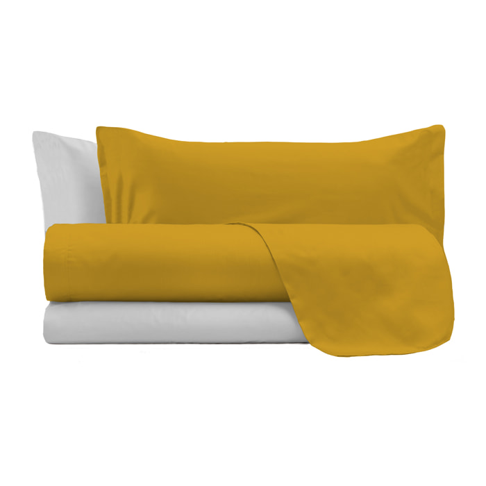 COMPLETO LETTO NATURAL COLOR, 100% Cotone, Made in Italy - SENAPE/GRIGIO CHIARO
