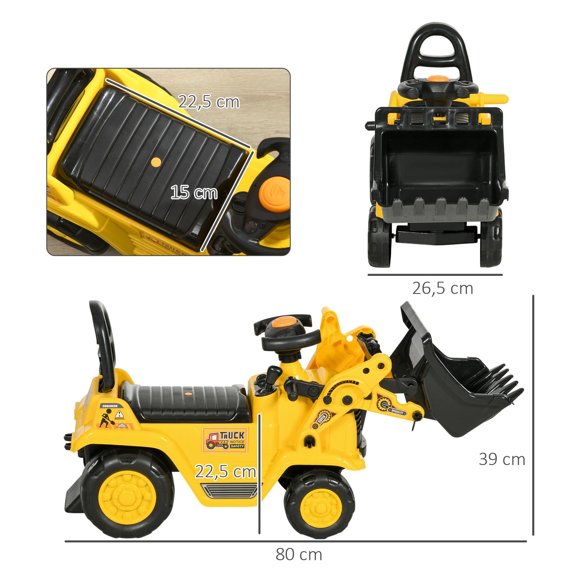 Tractor a Pedales para Niños de 18 a 48 Meses, Excavadora para Niños con Pala Delantera, Bocina, Volante y Compartimento Oculto bajo el Asiento, Carga 30 kg, 80x26,5x39 cm, Amarillo