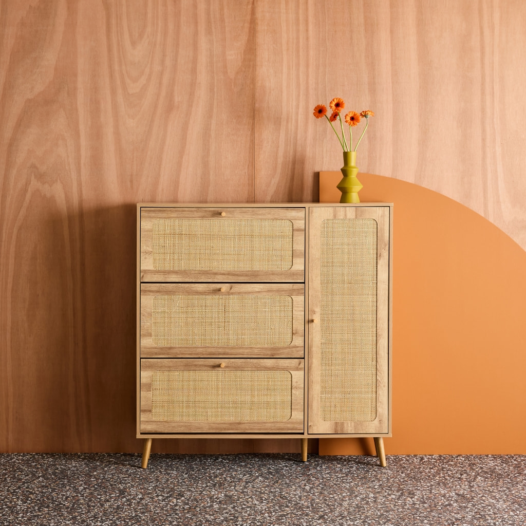 Meuble à chaussures décor bois et cannage 3 abattants 1 porte BOHÈME