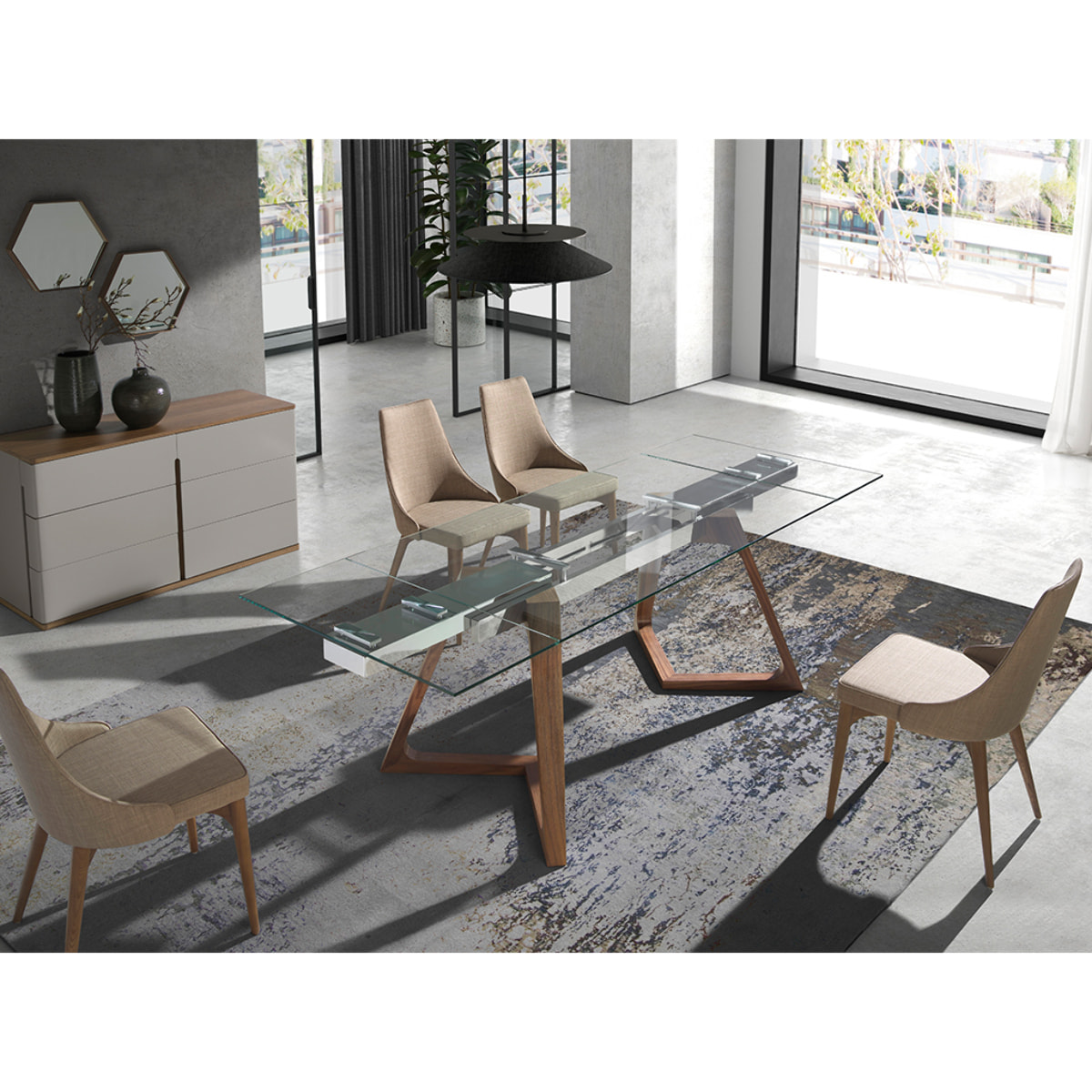 Mesa comedor extensible rectangular con tapa de cristal templado 160x90x75cm