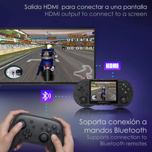 DAM Consola emulador multiplataforma RG353P. 3,5" IPS; Quad Core 1,8GHz, 16GB+128GB. Android 11 + Linux. WiFi. +22.000 juegos. 17,4x2x8,1 Cm. Color: Negro