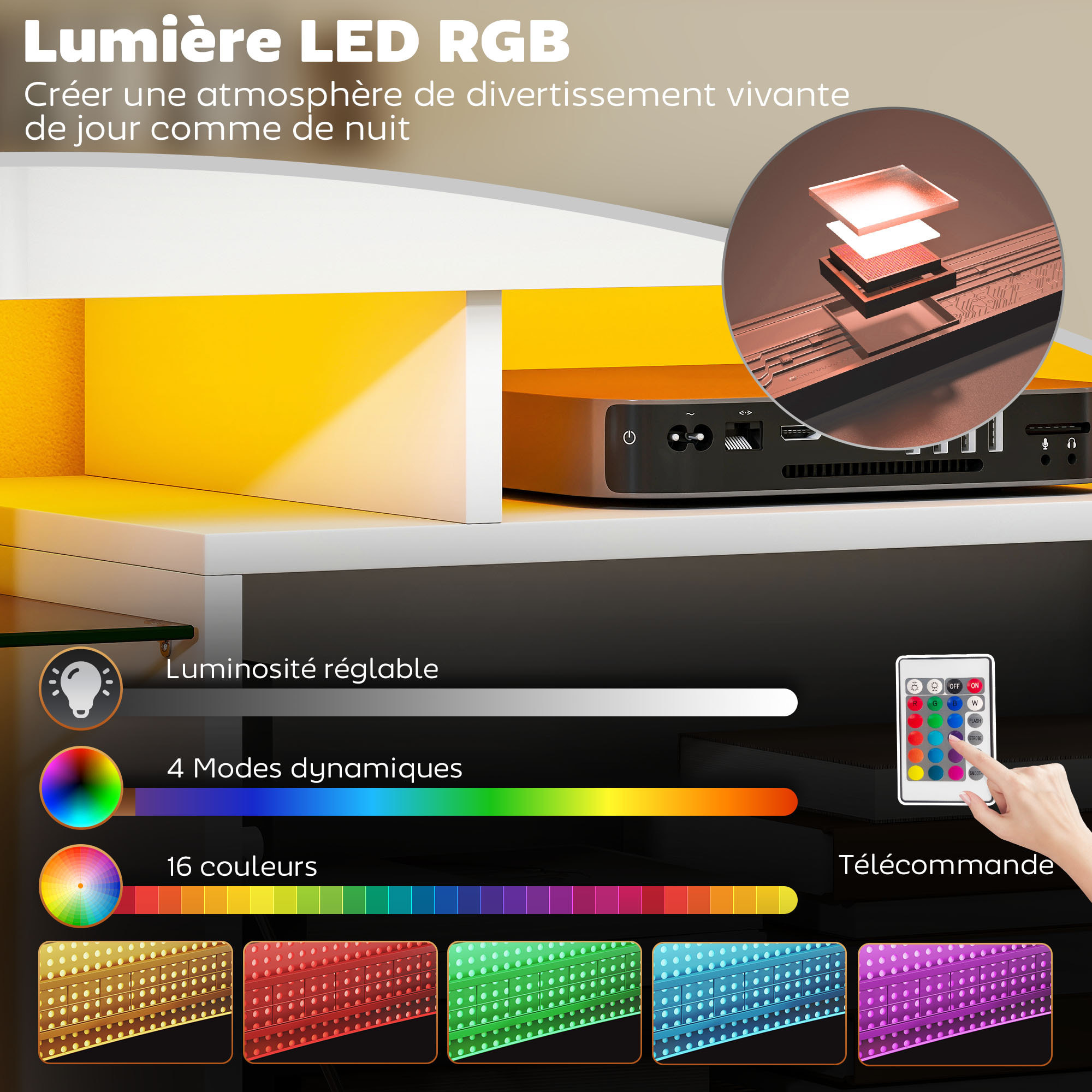 Meuble TV design blanc laqué LED réglable - 2 étagères verre trempé, niche, porte - dim. 120 x 34 x 45 cm