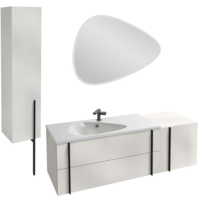 Meuble vasque 145 cm Nouvelle Vague blanc brillant + tiroir rack + colonne + miroir