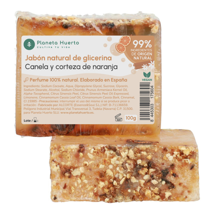 PLANETA HUERTO | Jabón Natural de Glicerina con Canela y Corteza de Naranja 100 g | Revitalizante y Tonificante | Aroma Cálido