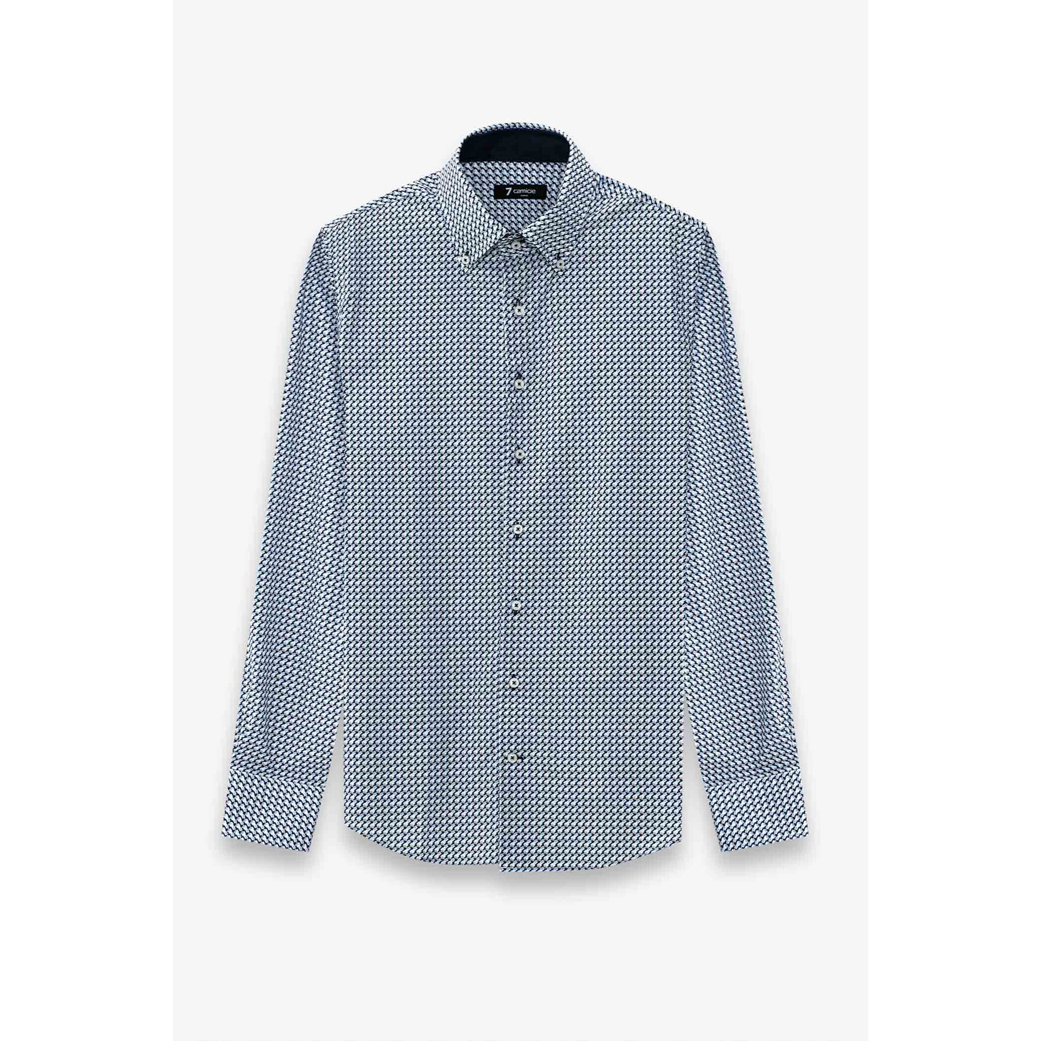 Camicia Uomo 2 Bottoni Button Down Slim Popeline Stampato Bianco/Bluette